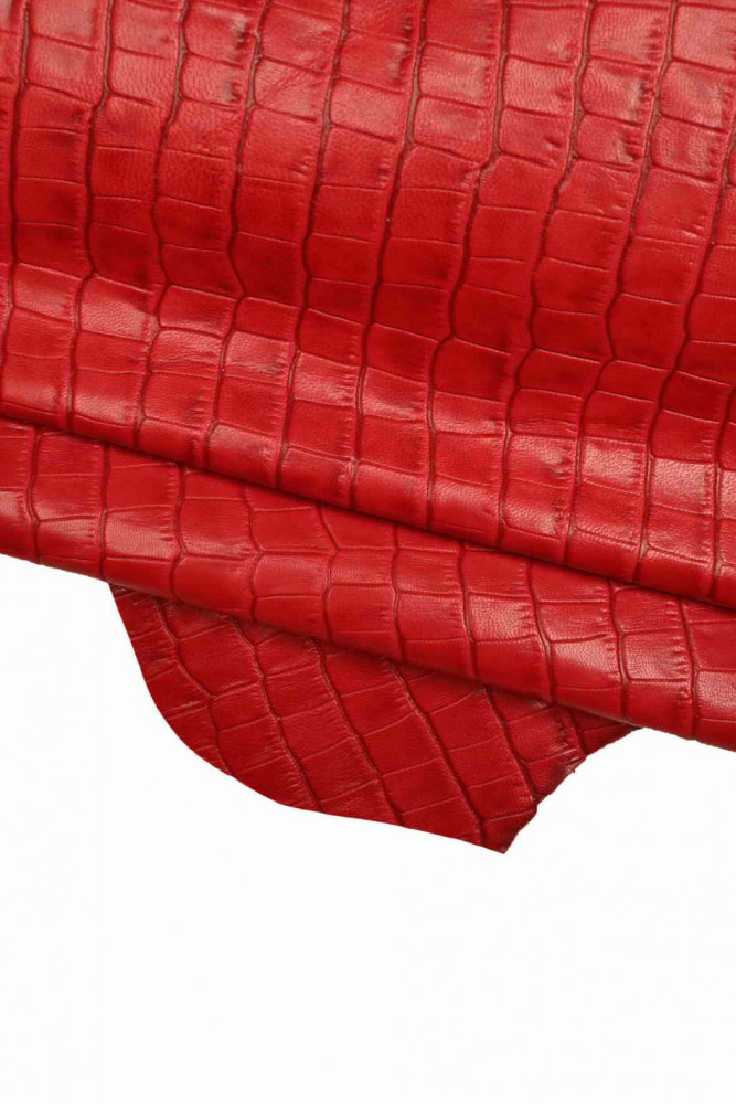 RED crocodile embossed leather skin, glossy croc printed goatskin