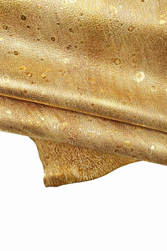 GOLD metallic leather skin, sporty soft goatskin, golden vintage distressed hide