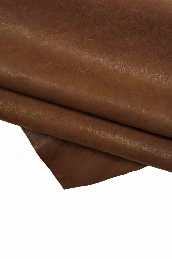 Brown VEGETABLE tan leather hide, light pebble grain, wrinkled baby calf, sporty cowhide with natural wax