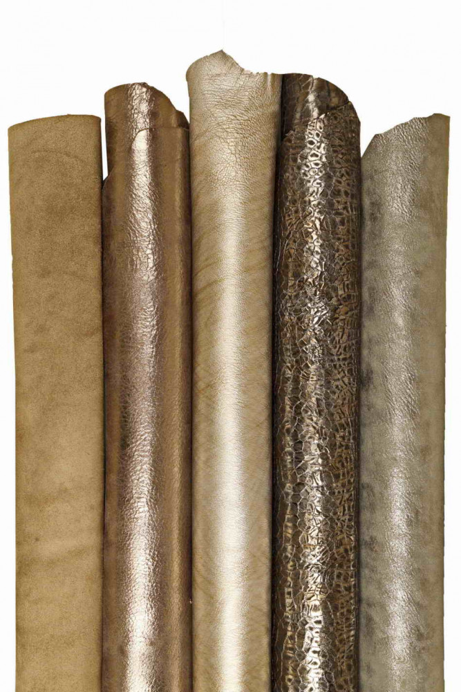 ASSORTMENT of top quality leather skins, 5 suede metallic textured goatskins, soft bright printed matchiong hides