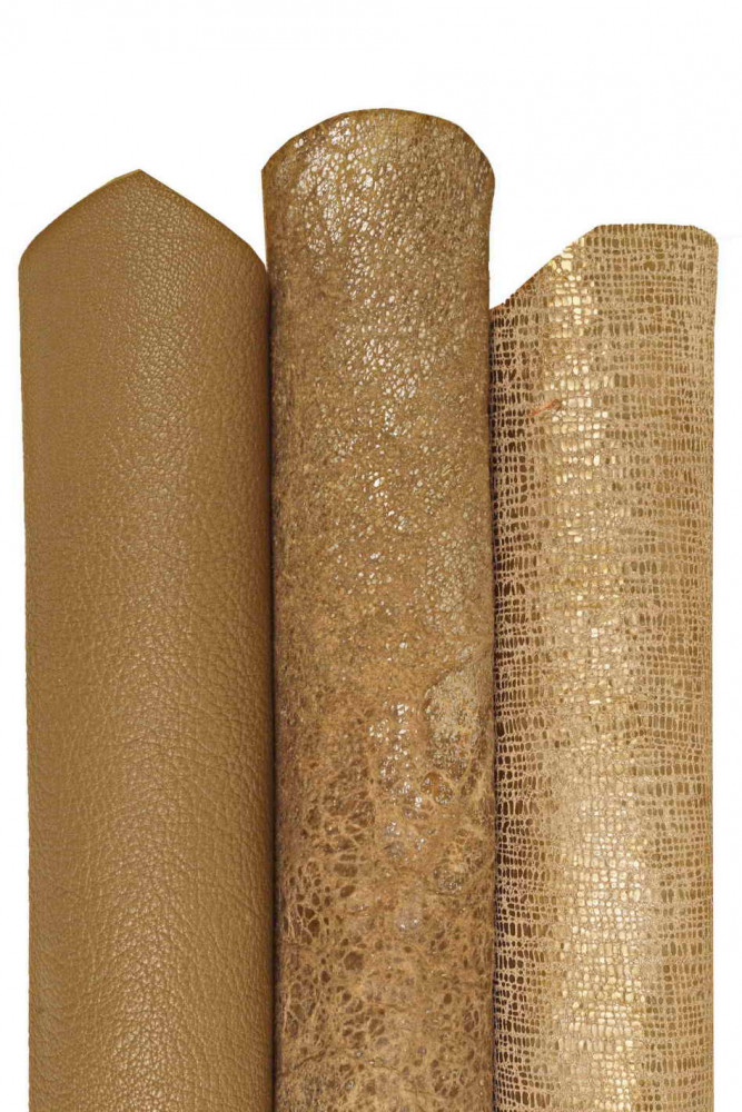 Boundle of 3 BEIGE light gold leather skins, set of top quality, metallic, sporty, printed hides as per picture