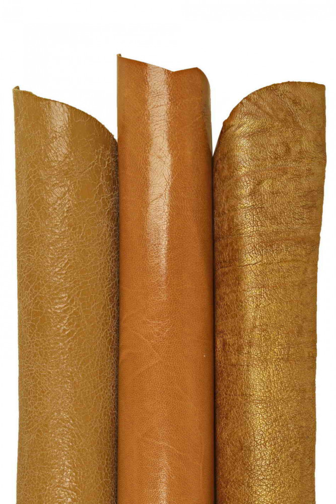 ASSORTMENT of 3 beige, tan, gold leather skins, boundle of smooth, metallic textured goatskins as per picture