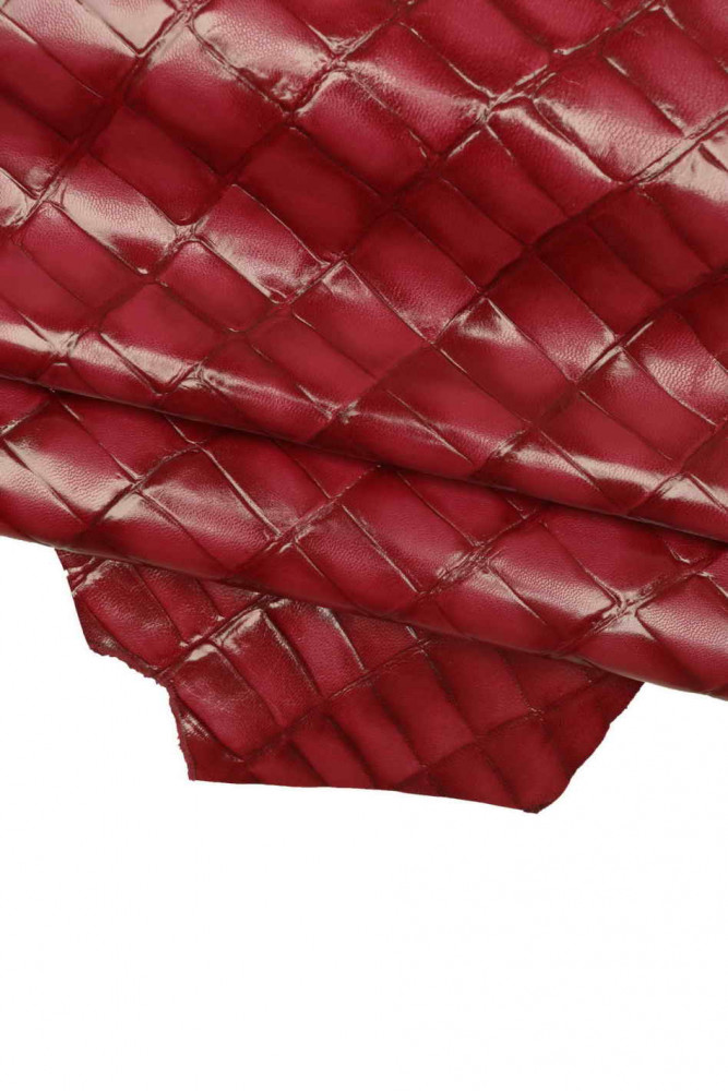 BURGUNDY crocodile embossed leather skin, glossy croc printed goatskin, wine red medium softness skin, 0.9-1.1 mm