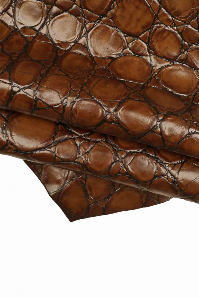 BROWN crocodile embossed cowhide, maxi croc print on glossy calfskin, animal printed semi soft leather hide, 0.7-0.8mm
