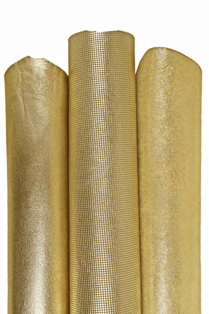 Boundle of 3 light GOLD leather skins, top quality metallic printed matching goatskins as per picture