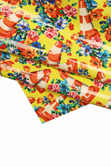MULTICOLOR special leather hide, yellow patent cowhide with floral print and cones, glossy calfskin, 1.0-1.2mm