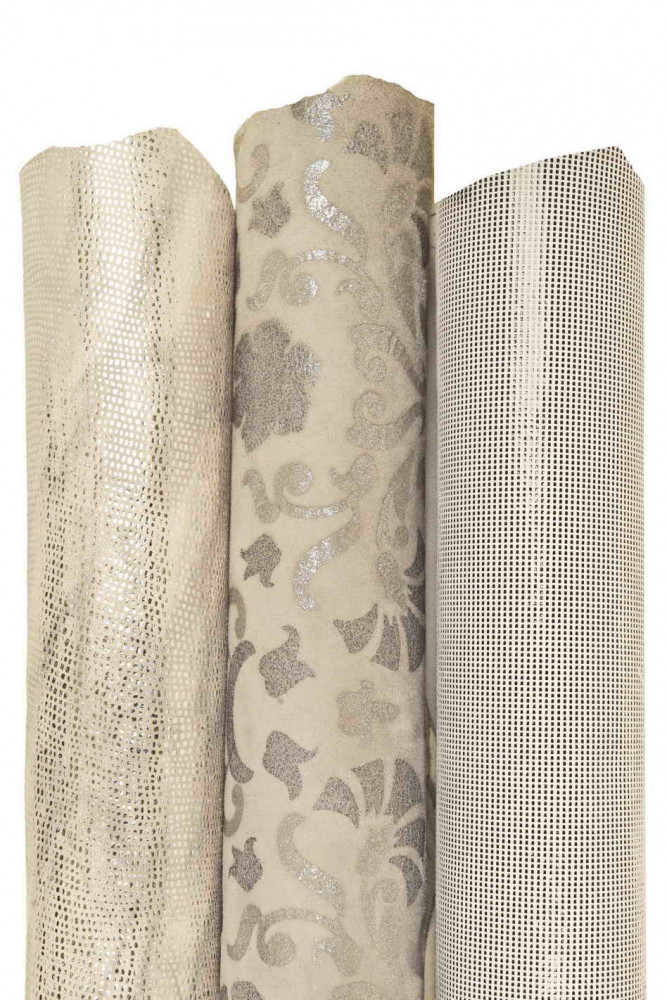 SET of 3 grey steelmetal leather skins, pack of metallic textured suede goatskins, as per picture