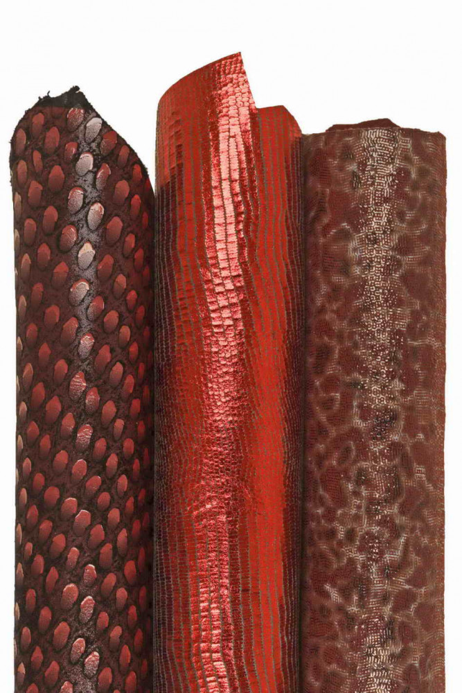 Boundle of 3 BURGUNDY red leather skins, mix of suede metallic textured matching goatskins as per picture