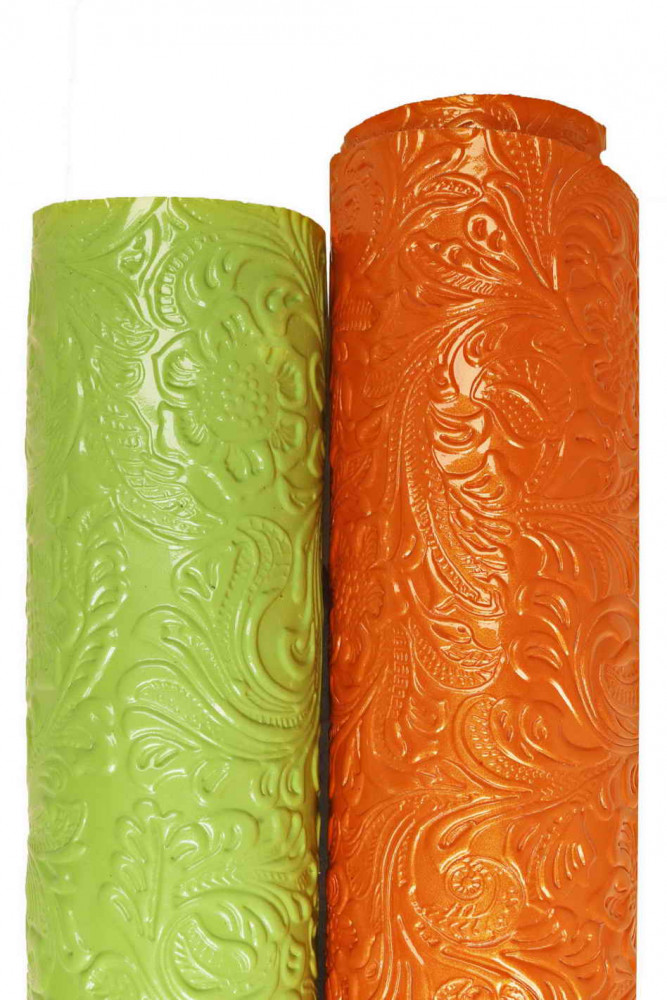 Floral embossed PATENT leather hide, green orange glossy cowhide, relief flower print on calfskin, medium softness