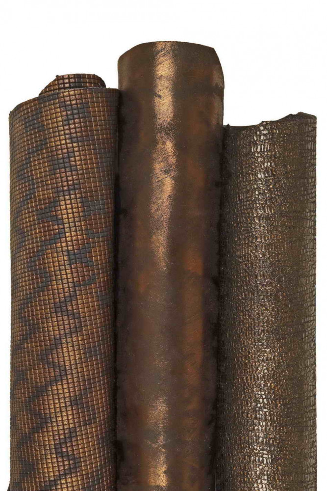 MIX of brown leather skins, 3 assorted metallic printed goatskins, as per pciture