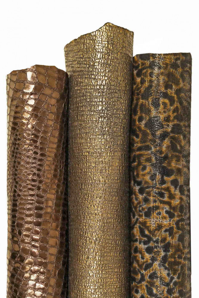 Boundle of 3 BRONZE brown leather skins, unique assortment of metallic, printed, soft matching goatskins as per picture
