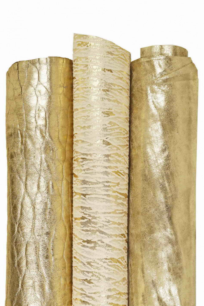 3 light GOLD matching leather skins, mix of platinum metallic printed soft top quality goatskins, as per picture