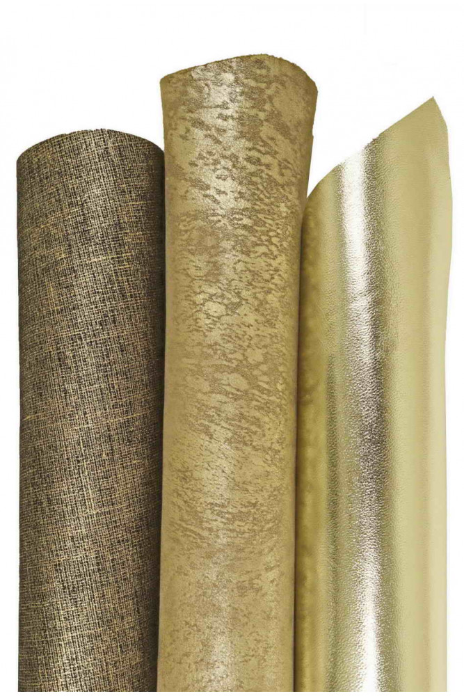 BOUNDLE of 3 light gold beige leather skins, assortment od metallic printed matching goatskins as per picture