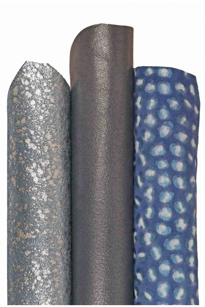 3 BLUE matching leather skins, set of soft metallic printed goatskins as per picture
