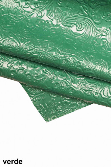 Floral embossed PATENT leather hide, green blue black glossy cowhide, relief flower print on calfskin