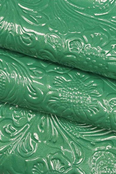 Floral embossed PATENT leather hide, green blue black glossy cowhide, relief flower print on calfskin