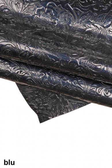 Floral embossed PATENT leather hide, green blue black glossy cowhide, relief flower print on calfskin
