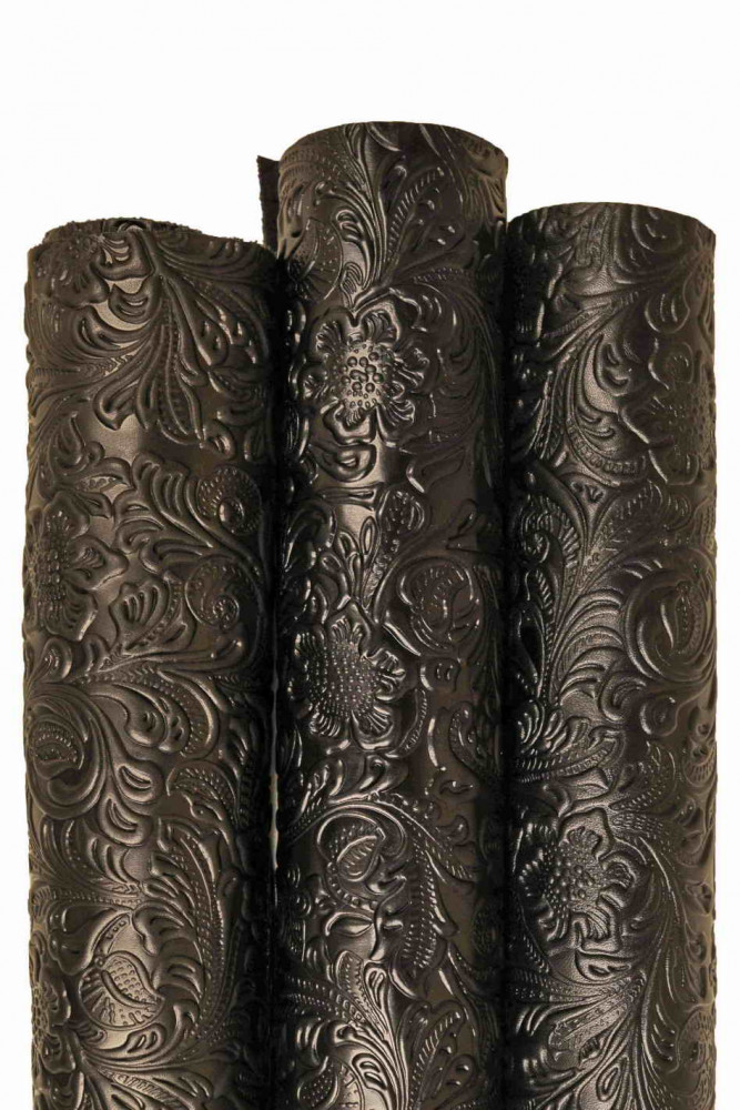 Black FLORAL embossed leather hide, relief flower print on calfskin, black printed cowhide