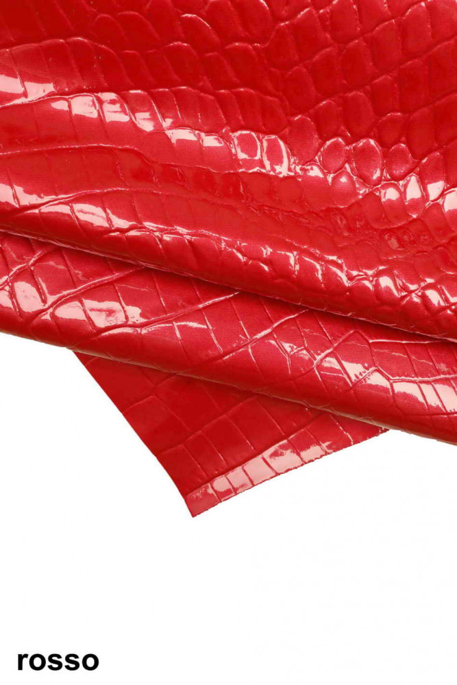 CROCODILE embossed leather hide, red green croc printed patent cowhide, glossy pearlized calfskin