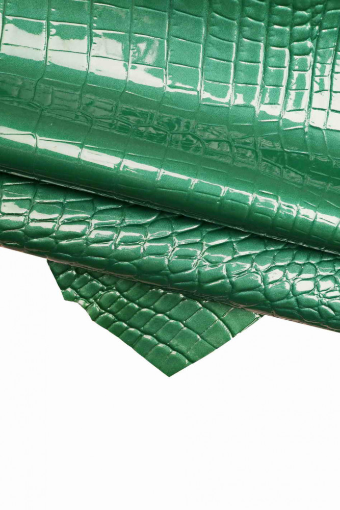 CROCODILE embossed leather hide, green and purple croc printed patent cowhide, glossy pearlized calfskin