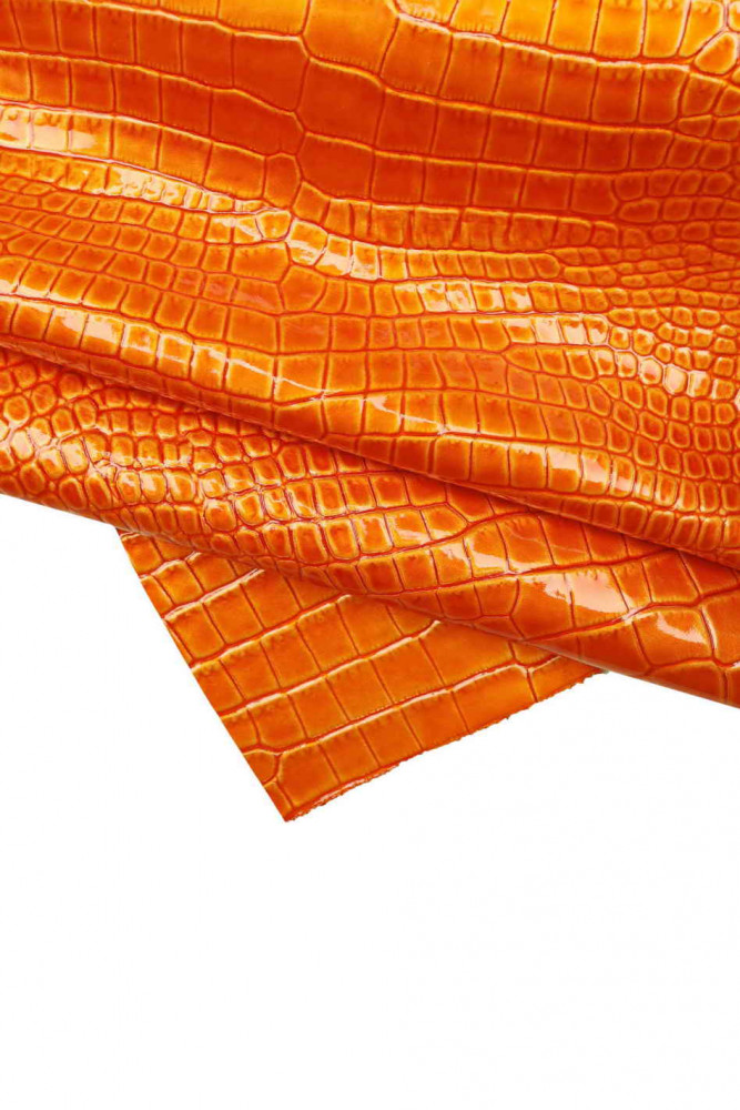 ORANGE glossy leather hide, crocodile embossed patent cowhide, croc print on calfskin, 0.9-1.1 mm