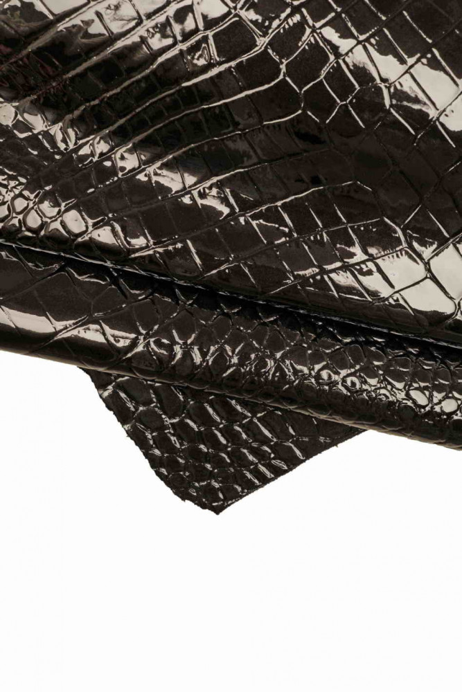 BLACK crocodile embossed cowhide, croc print on patent leather hide, glossy calfskin, medium softness