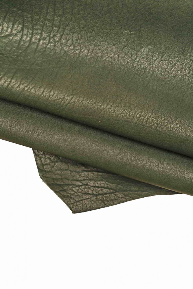 Dark GREEN vintage leather hide, natural sporty cowhide, calfskin with veins and pebble grain on its sides, 1.8-2.1mm