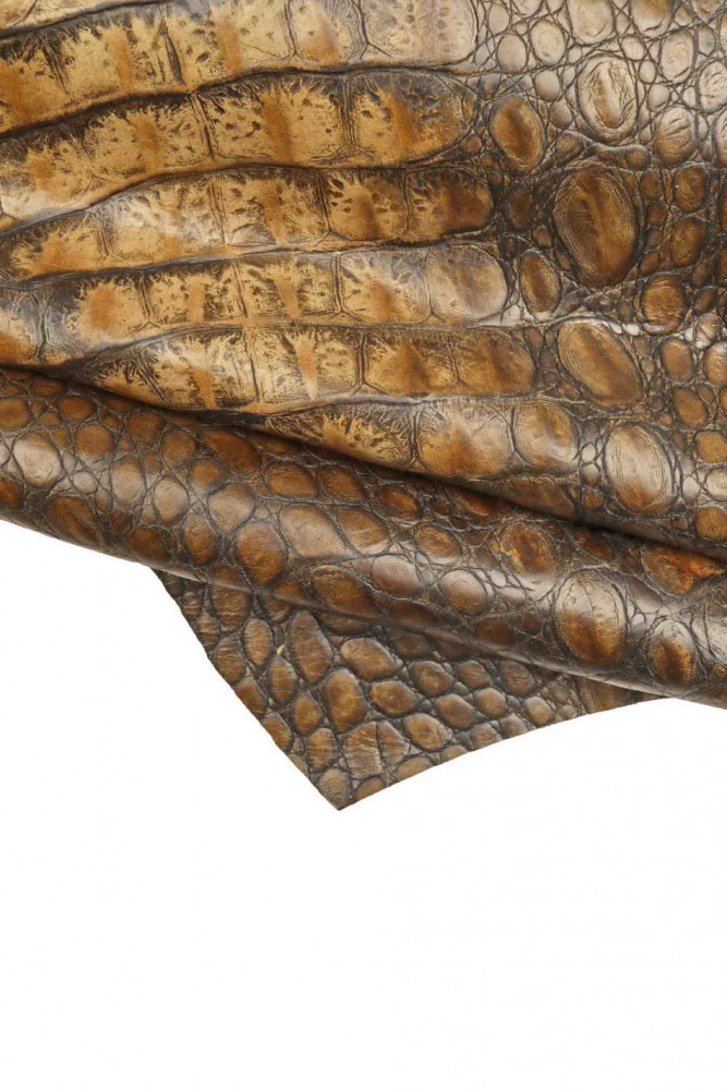 SELECTED crocodile embossed leather hide, brown distressed cowhide, vintage printed calfskin, semi-soft