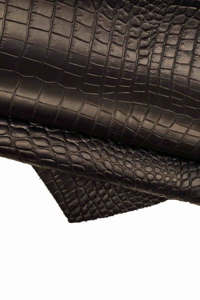BLACK crocodile embossed leather hide, croc pattern on semi-glossy cowhide, semi-soft printed calfskin 0.9-1.1 mm