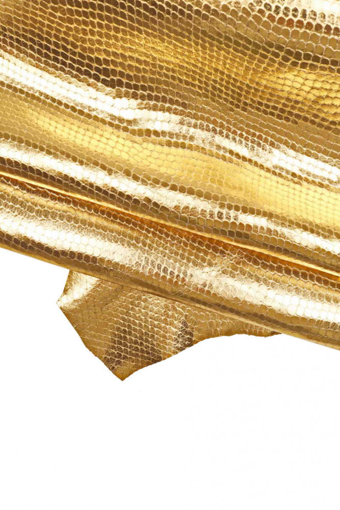 Gold PYTHON printed leather skin, metallic snake textured goatskin, golden soft skin