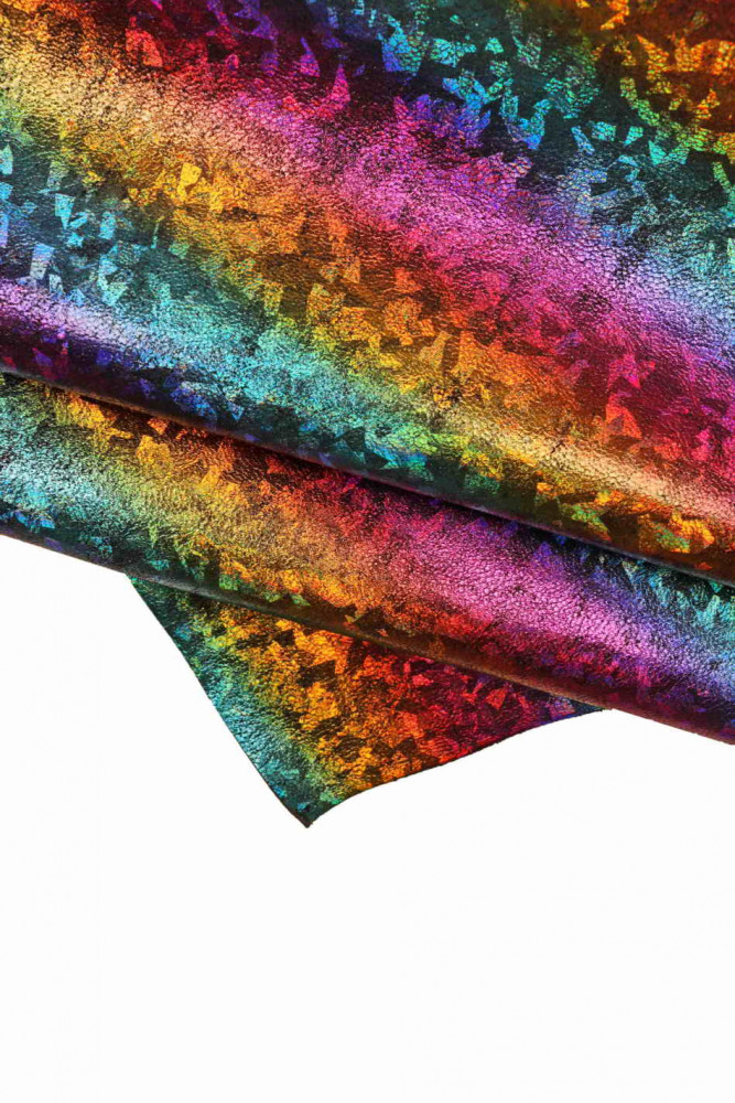 Multicolor IRIDESCENT metallic leather hide, rainbow printed calfskin, holographic soft cowhide
