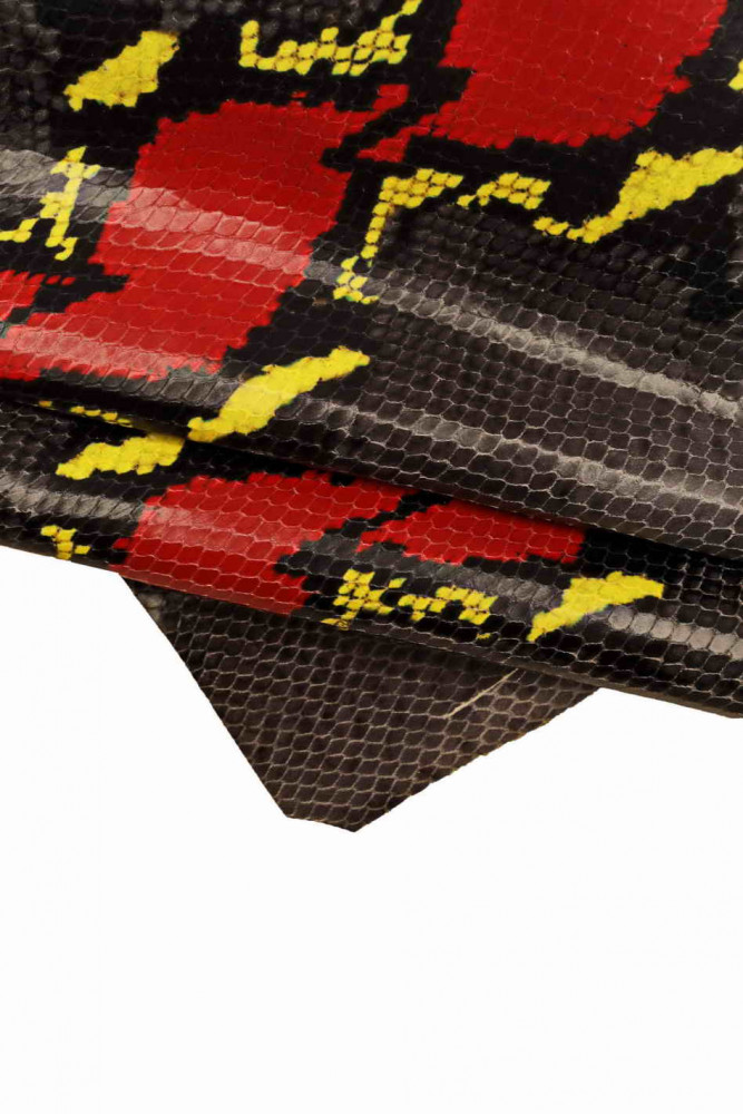 PYTHON textured leather hide, grey red yellow snake printed cowhide, snake pattern on soft glossy calfskin