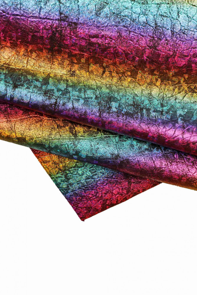 MULTICOLOR metallic leather hide, crocodile embossed iridescent holographic cowhide, rainbow texture on soft calfskin