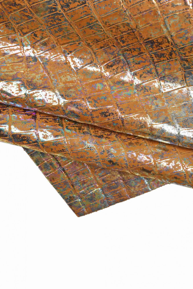 Orange HOLOGRAPHIC leather hide, metallic crocodile embossed cowhide, croc printed calfskin