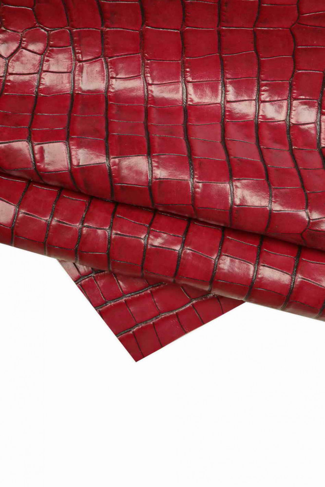 Magenta red CROCODILE embossed leather hide, glossy printed cowhide, croc pattern on calfskin, semi-soft, 0.9-1.1 mm