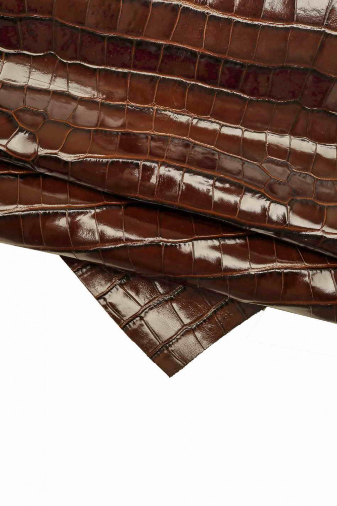 Brown CROCODILE embossed cowhide, glossy printed leather hide, classic croc print on calfskin, 0.8-1.0 mm