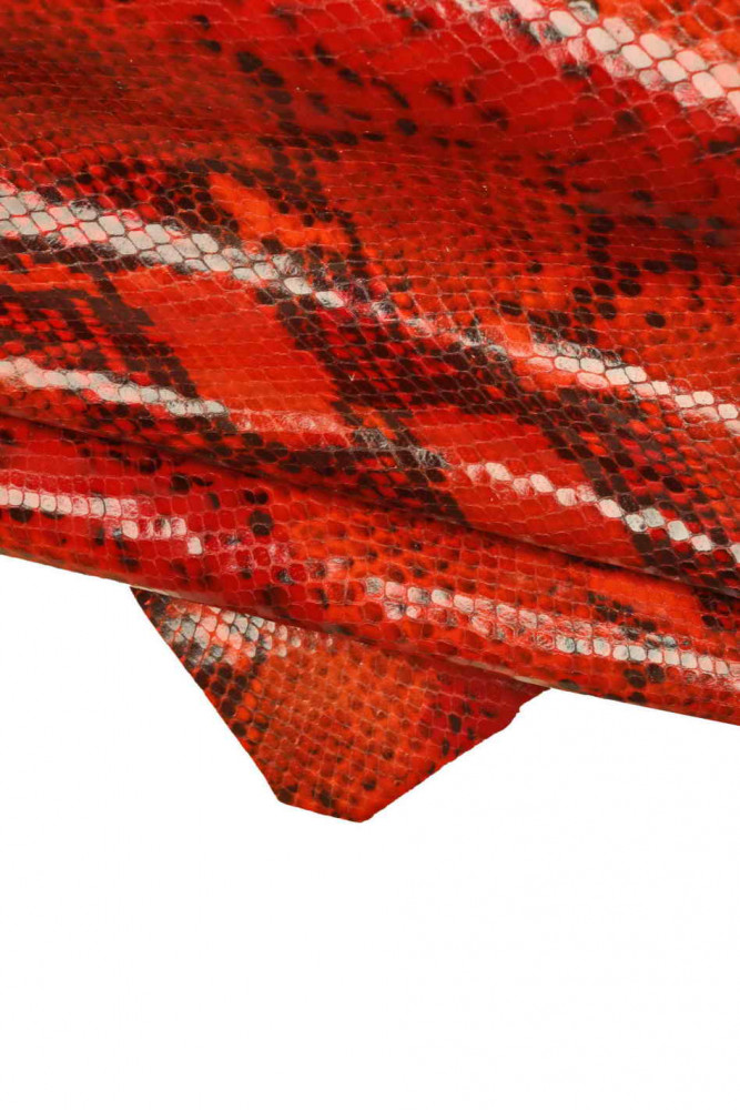 RED python textured leather skin, reptile pattern on goatskin, glossy soft snake printed skin