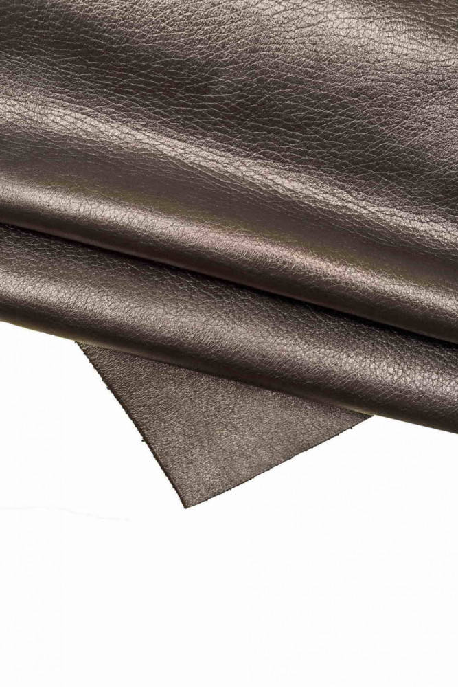 Dark GREY metallic leather hide, plumb pebble grain printed cowhide, soft glossy calfskin, 1.2-1.3 mm