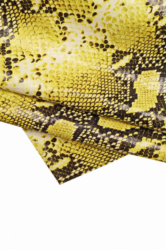 Yellow PYTHON textured leather hide, reptile printed calfskin, glossy snake pattern on cowhide