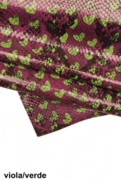 HEART printed leather hide, red/black, purple/green reptile embossed cowhide, love print on glossy soft calfskin