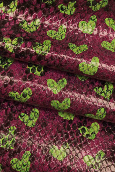 HEART printed leather hide, red/black, purple/green reptile embossed cowhide, love print on glossy soft calfskin