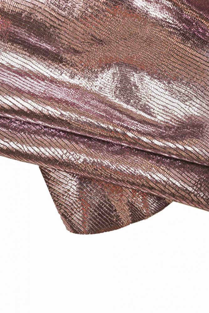 Metallic LIZARD printed leather skin, lilac pink bright goatskin, soft animal textured skin