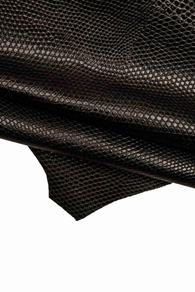 BLACK reptile embossed leather hide, animal print on cowhide, classic glossy calfskin, medium softness, 1.0-1.1 mm