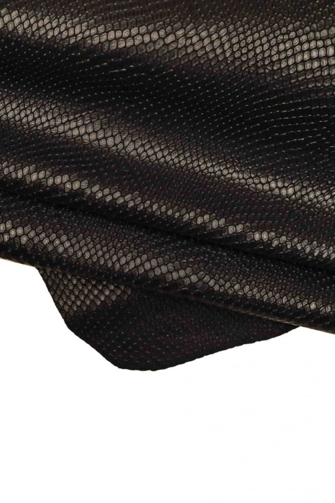 Black SNAKE printed leather skin, reptile pattern on glossy goatskin, soft python printed skin
