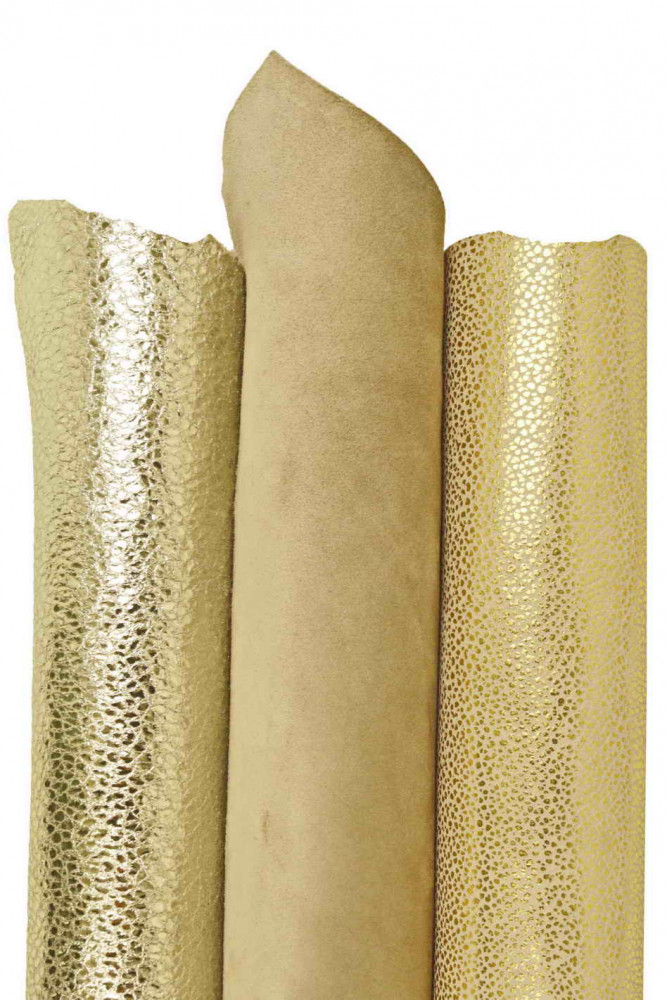 SET of 3 light gold beige leather hides, assortment of metallic printed suede matching goatskins as per picture