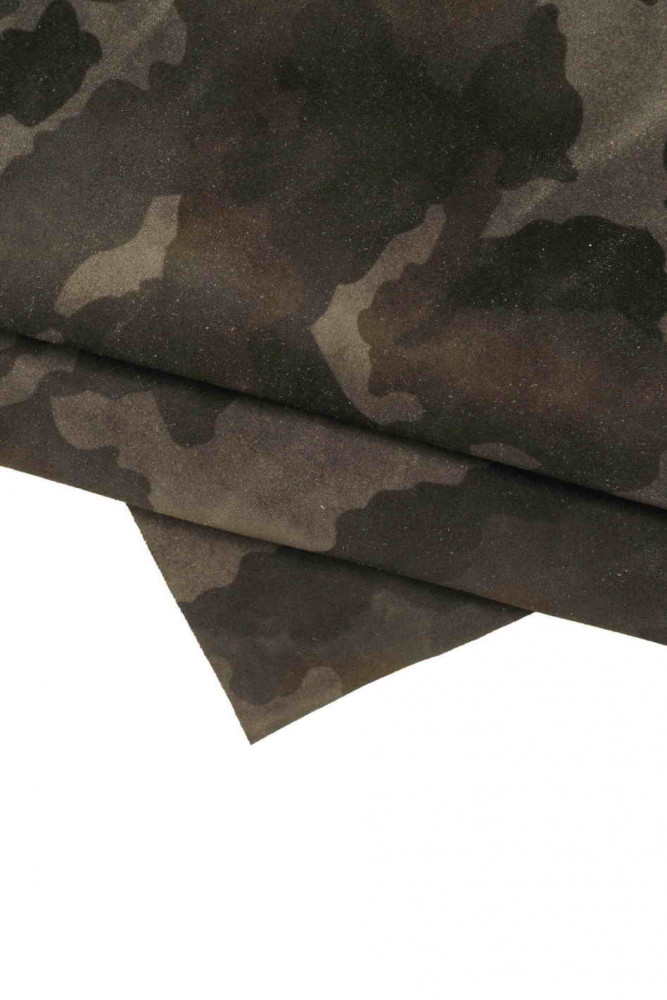 CAMOUFLAGE textured leather hide, grey black dark green brown camo print on suede calfskin, printed split cowhide, soft