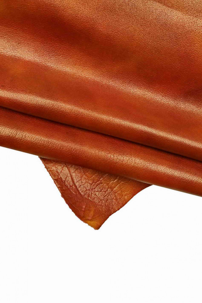 BROWN, brick red sporty leather skin, pebble grain printed goatskins with shades, glossy soft vintage hide