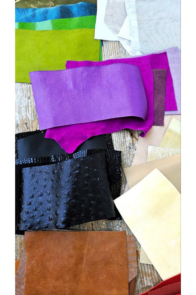 Lot of 75 random pieces of genuine leather, 15 different shades, small size