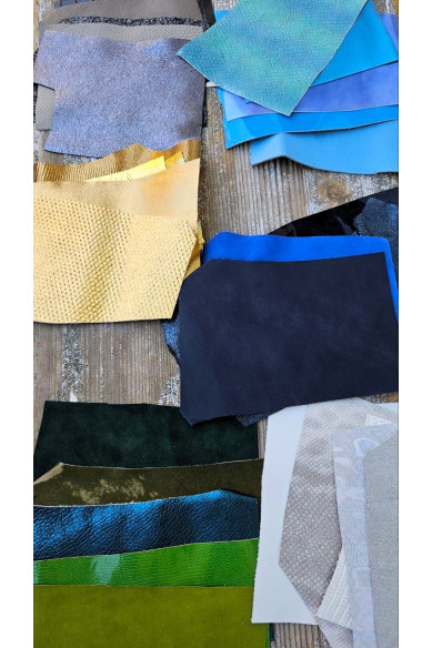 Lot of 75 random pieces of genuine leather, 15 different shades, small size