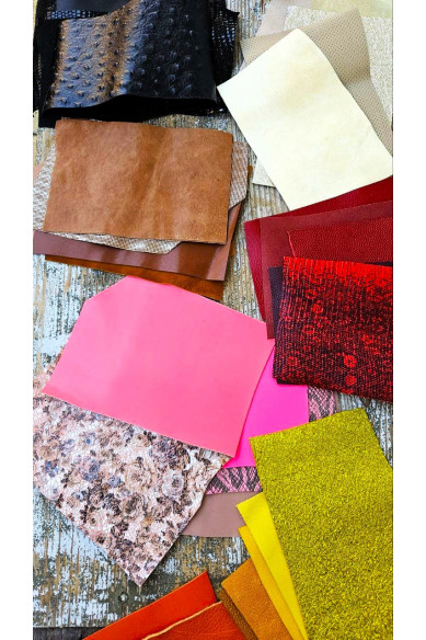Lot of 75 random pieces of genuine leather, 15 different shades, small size